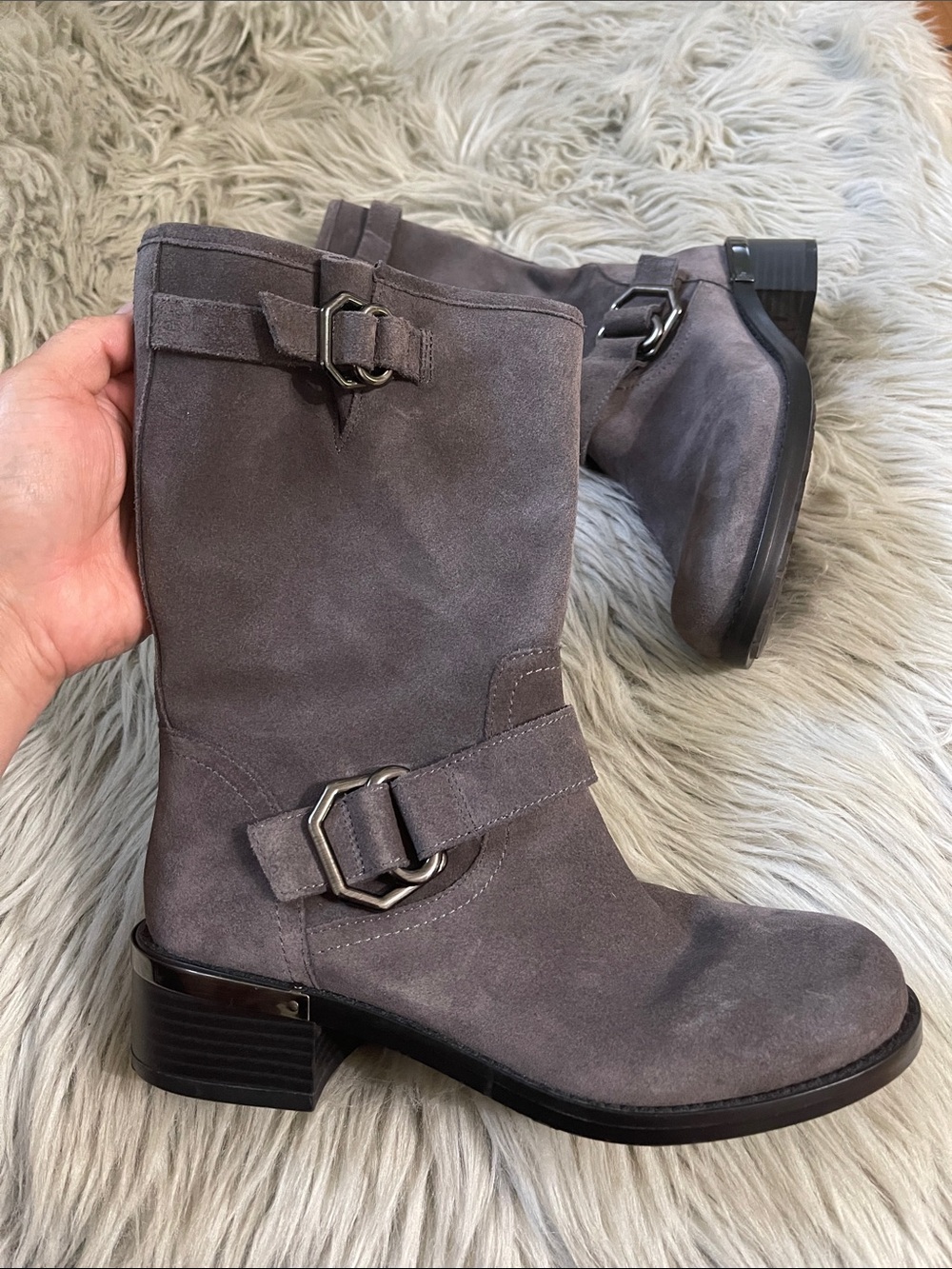 Vince Camuto Gray Suede Mid-Calf Buckle wadelyn heel boots - Picture 3 of 7